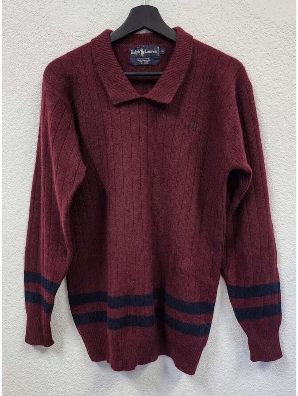 Vintage 1990s Ralph Lauren Sweater Burgundy Navy Cashmere Lambswool Blend Mens L